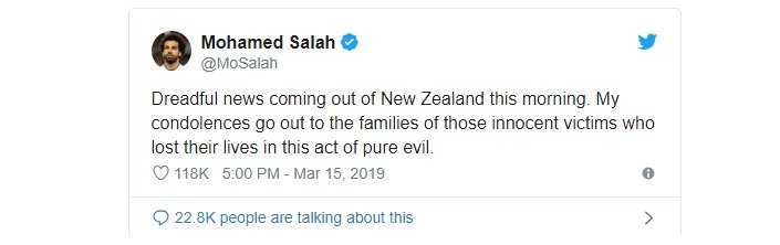 محمد صلاح يدين الهجوم الارهابي في نيوزيلندا ويصفه بعمل "خسيس "-0